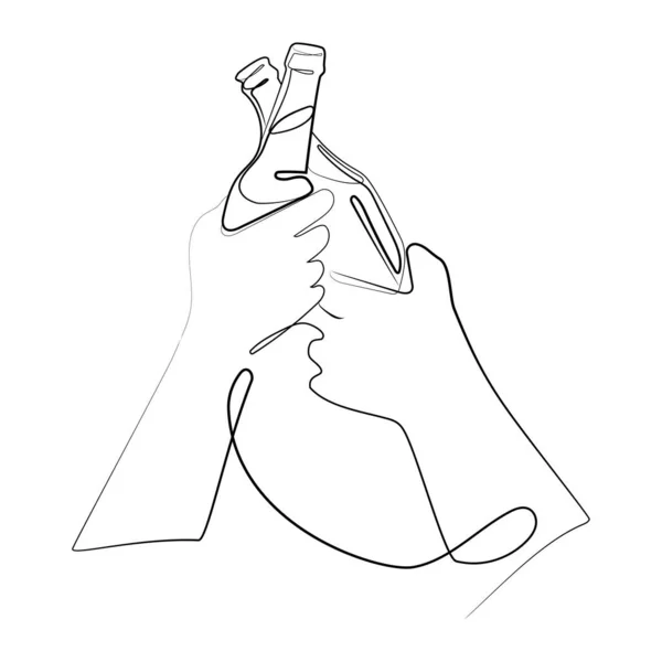 Två Händer Clink Flaskor Linje Ritning National Beer Dag Handritad — Stock vektor