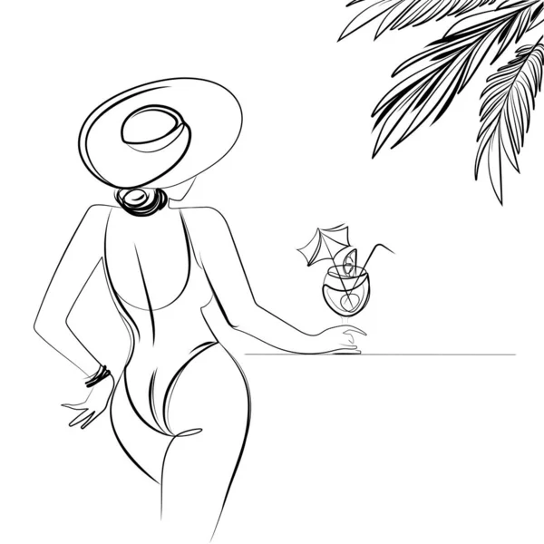 水着姿の美しい女性と手にカクテルを片手にビーチで帽子ラインアートドローイングベクトルイラスト夏休みのコンセプトビーチでカクテルを楽しむ若い女性 — ストックベクタ