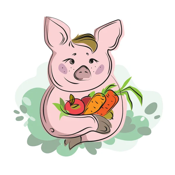 stock vector Cute pig character with vegetables and fruits vector illustration isolated on white background.Friends not food.Cartoon pig. Nature respect concept and vegan lifestyle