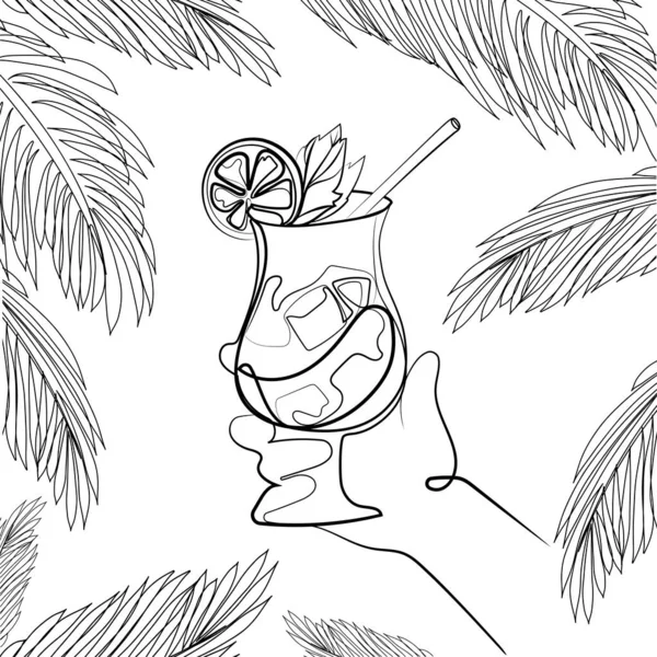Main Avec Boisson Cocktail Été Feuilles Palmier Tropical Illustration Vectorielle — Image vectorielle