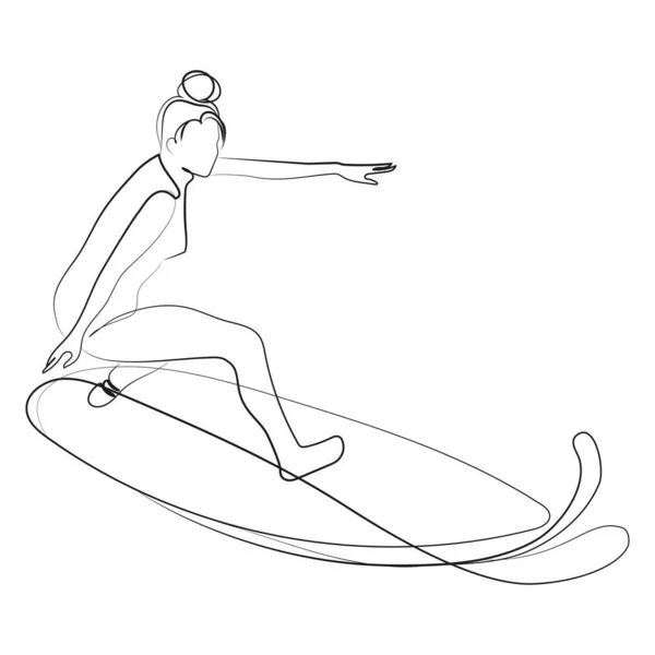 Žena Surfařka Palubě Jezdecké Vlny One Line Kresba Vektorové Ilustrace — Stockový vektor