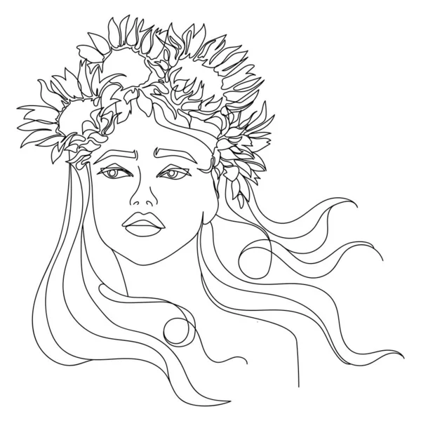 彼女の髪のラインアートファッションイラストスケッチ図面のひまわりと美しい女性の顔 ひまわりの花輪と長い髪の手で若い女性が描かれたベクトルイラスト — ストックベクタ