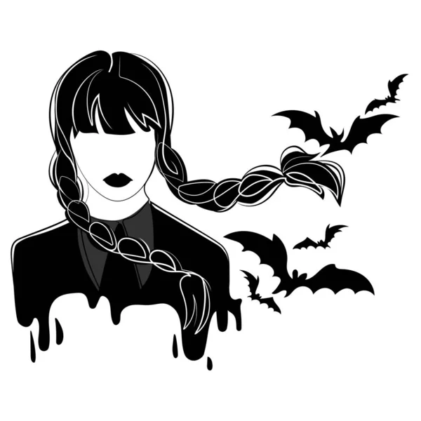 Děsivé Gotické Dívka Copánky Netopýři Pro Halloween Dovolená Koncepce Black — Stockový vektor