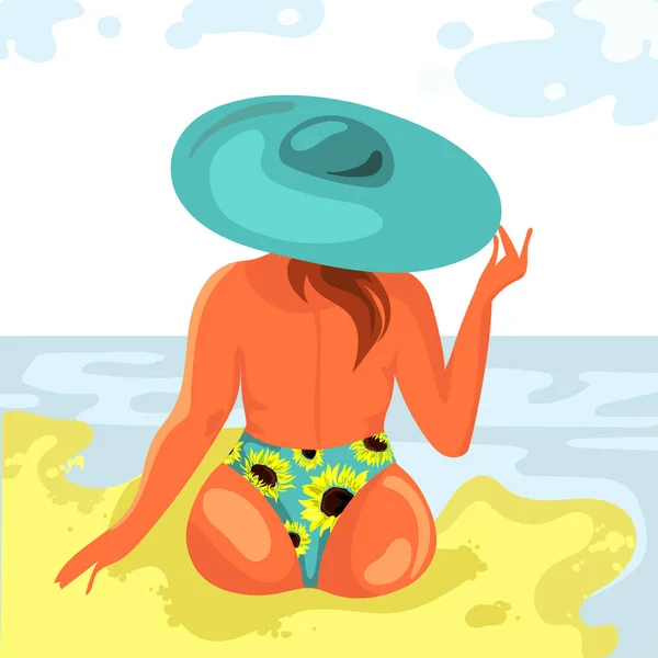 帽子とトップレスでぽっちゃり若い女性は ビーチバックビューに座っています ビーチベクトルイラスト上のビキニ水着でプラスサイズの美しい女の子 ボディ正のコンセプト 夏休み — ストックベクタ