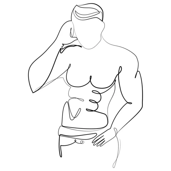 线条画肌肉男人在性感的姿势矢量插图 肌肉男子气概性感的男人 赤身裸体 单行抽屉 — 图库矢量图片