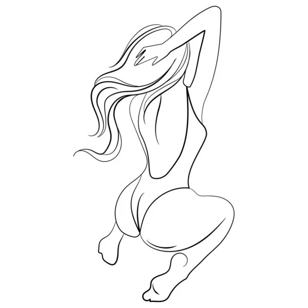 Линейный Рисунок Сексуальной Молодой Женщины Купальнике Сидящей Спиной Красивой Позе — стоковый вектор