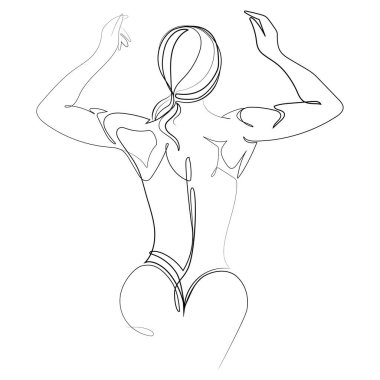 Sırtında ve kollarında kaslarını gösteren atletik genç bir kadın. Bir çizim. Kadın silueti vücut geliştirici, fitness kızı çizim çizimi. Fitness logosu, poster, baskı, amblem tasarımı. 