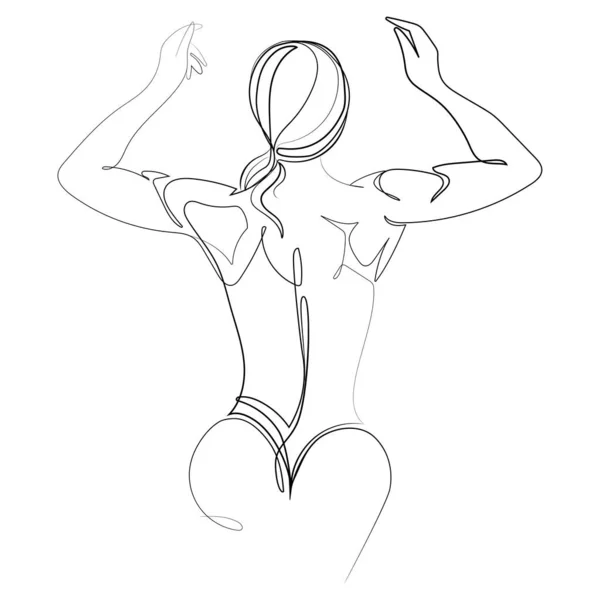 背中や腕に筋肉を示す運動若い女性オンライン図面 女性のシルエットボディビルダー フィットネスの女の子のミニマリストスケッチイラスト フィットネスロゴ ポスター エンブレムデザイン ベクトル — ストックベクタ