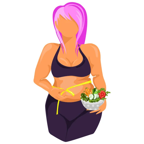 脂肪の女性は テープで自分自身を測定し 彼女の手の中にサラダや健康食品のボウルを保持します 彼女の体重を測定スポーツウェアで積極的な太りすぎの女性 — ストックベクタ