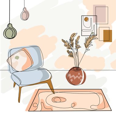 Çağdaş modern el çizimi vektör çizimi. Moda mobilya, koltuk, soyut posterler, kurumuş çiçekli vazo. Koltuklu bir odanın minimalist iç tasarımı.