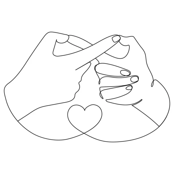 2本の指のジェスチャーで無限記号 永遠の愛 友情のシンボル 2本の手は無限記号を示していますラインアート図面 — ストックベクタ