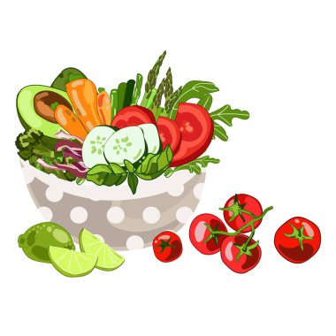 Sebzeler ve meyve tabağı vektör illüstrasyonu beyaz arka planda izole edilmiş. Vejetaryen ve vejetaryen gıda konsepti. El çizilmiş organik taze sebzeler. Vejetaryen yemeği. Sağlıklı gıda