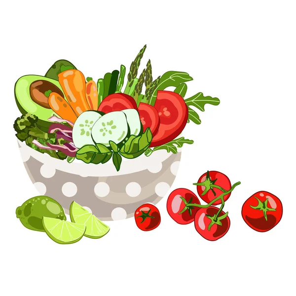 Sayuran Dan Mangkuk Buah Vektor Ilustrasi Terisolasi Pada Background Vegetarian - Stok Vektor