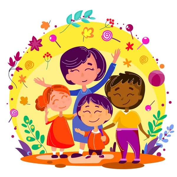 Happy Childrens Day Multi Etniczne Dzieci Razem Kolorowym Żółtym Tle — Wektor stockowy