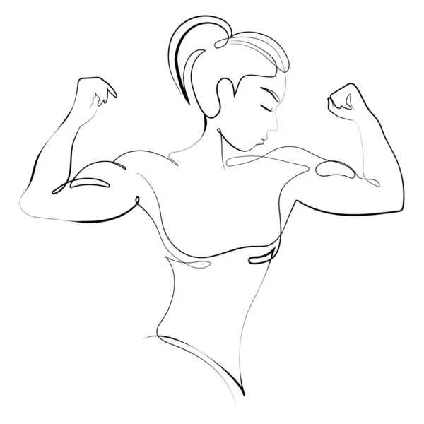 Atletik vücutlu fitness kadını kaslarını gösteriyor. Bir çizgi çizimi, amblemi, poster baskısı tasarımı. Siyah-beyaz vektör çizimi. Kadın Vücut Geliştirme Sanatı