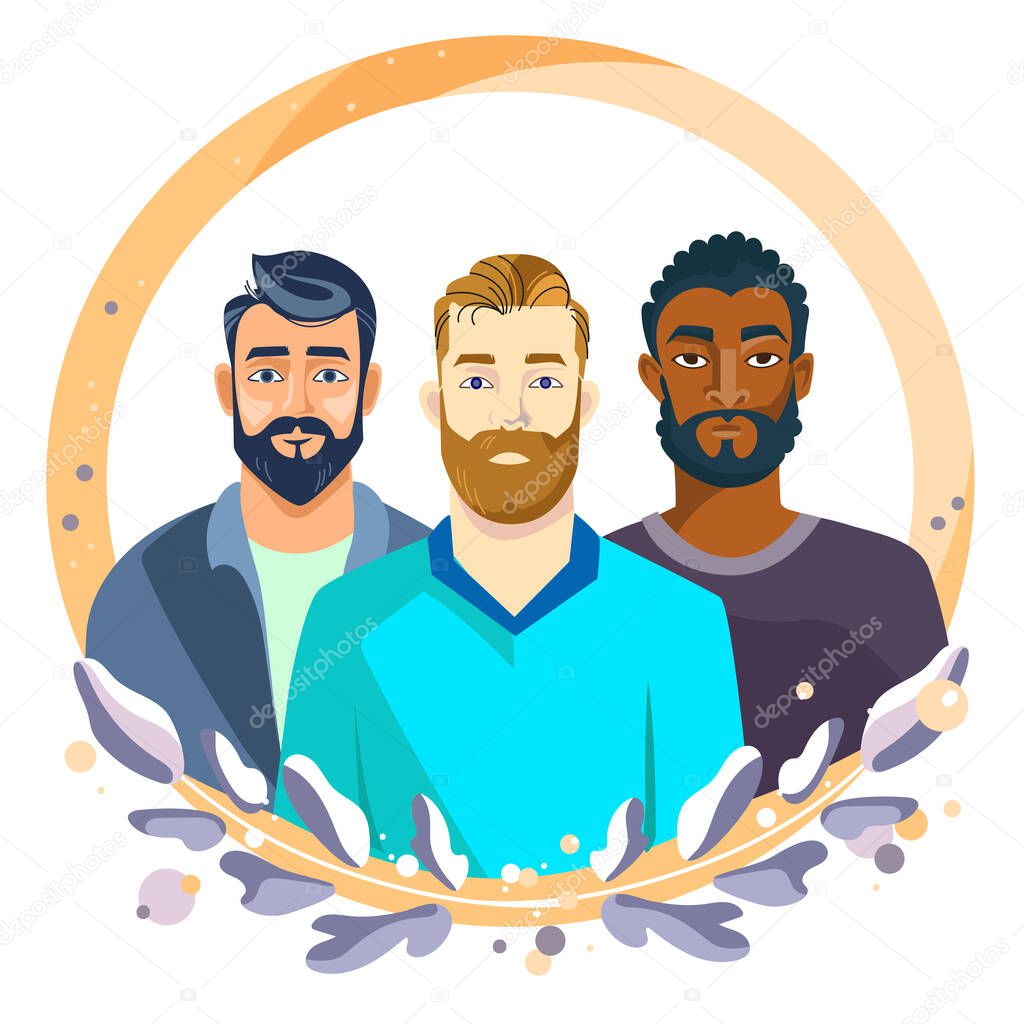 Three Men of different race and skin color portrait in flat modern style.International Mens Day banner,poster design.Vector illustration.Fathers day concept different Men with beards