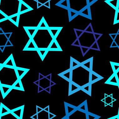 İsrail Magen David yıldızı iz, ağ, tasarım dekorasyonu, kart, arkaplan için kusursuz desen. Siyah arkaplan vektör illüstrasyonunda David 'in yıldızları tekrarlanan desen