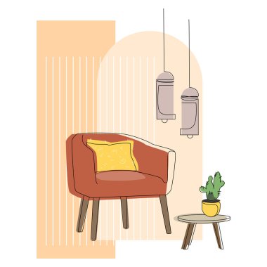 Minimalist iç tasarım çizimi. Şık bir iç mekanın parçası. Şık bir koltuk, asılı avizeler ve soyut geometrik şekillerde mobilyalar.