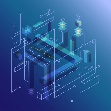 Geometrik izometrik şekillere, şekillere ve çizgilere sahip teknolojik arka plan. Sunum için modern soyut arkaplan, web, baskı, poster, baskı, duvar kağıdı, el ilanları ve daha fazlası. Vektör illüstrasyonu