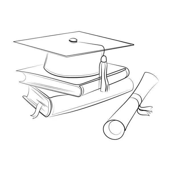 Bir tomar diplomalı akademik başlık, bir yığın kitabın üzerinde yer almaktadır. Çizim çizimleri. El çizimi ders kitapları yığınları üzerine vektör illüstrasyon Mortarboard başlığı. Mezuniyet şapkası tasarım elementi. Mezuniyet konsepti.