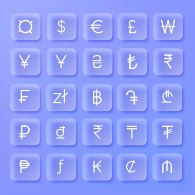 Dünya para birimi işaretleri ayarlandı. Vektör Glasmorfizm stili. Dünyanın pek çok ülkesinin döviz işaretleriyle koleksiyon. Vektör 3 boyutlu cam etkisi. Şeffaf simgeler, düğmeler, amblem tasarımı. Para değişimi