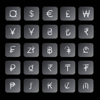 Dünyadaki para birimi sembolü ülkeleri için simgeler dizisi. Web tasarımı için dünya para birimleri ve buzlu cam efektörleri ile izole edilmiş vektör düğmeleri simgeleri. Finans kavramı