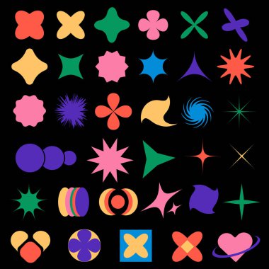 Soyut y2k geometrik şekiller ve şekiller siyah bir arkaplan üzerine kurulmuştur. Memphis y2k element koleksiyonu. Barbarlık tarzında modaya uygun soyut minimalist figürler. Vectlon çizimi. Basit yıldız ve çiçek. 