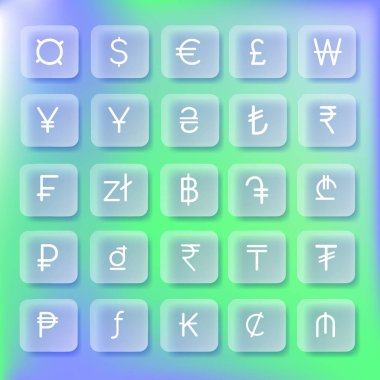 Glasmorfizm stili para birimi işareti seti. Dünya para birimleri koleksiyonunun vektör sembolleri. Para birimi simgeleri, web uygulamaları için düğmeler, finansal unsurlar