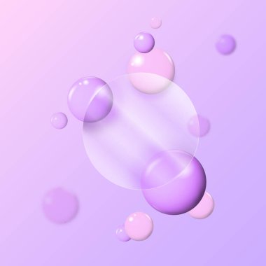 Canlı gradyan arka plan 33D uçan 3D topları ile modern cam morfizm yuvarlak plaka çerçeve Geometrik şekiller tasarımlı yaratıcı cam morfizm. Vektör illüstrasyonu