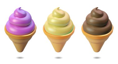 Dondurma külahı 3D tasarım seti. Sütlü vanilyalı meyve ve çikolatalı dondurma 3 boyutlu vektör çizimi. Beyaz arkaplanda izole edilmiş olarak ayarla. Farklı tatlarda waffle külahı.