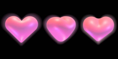 Üç boyutlu kalpler hazır. Holografik parlak kalpler, yumuşak parıltılı çeşitli dönüş pozisyonları koleksiyonu, siyah bir arkaplanda izole edilmiş. Vektör 3 boyutlu romantik tasarım ögeleri