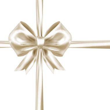 Beyaz arka planda izole edilmiş kurdeleli gerçekçi hediye yayı. Hediye kartları, tebrik kartları, afişler, broşlar ve diğer tasarımlar için saten parlak fiyonklu şablon. Vektör illüstrasyonu