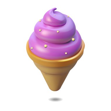 3 boyutlu simge biçiminde yumuşak dondurma külahı, beyaz arkaplanda izole edilmiş tasarım elementi. Plastik yüzey tarzında tatlı dondurma külahı. Tatlı yemek ve atıştırmalık vektör çizimi