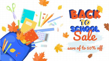 Okula geri dön. Yatay pankart tasarımı. Sırt çantası, okul malzemeleri ve sonbahar yapraklarıyla okul şablonuna geri dönelim. Renkli resimli satış reklam tasarımı. Vektör illüstrasyonu