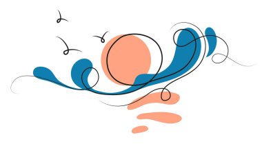 . Güneş ve dalgalar modern baskı, dövme tasarımı, tasarım element dekorasyonu. Vektör çizimi Güneş ve dalgalar soyut minimalist çizgi çizimleri. Sunset Minimal Sanat. Deniz manzaralı soyut sanat