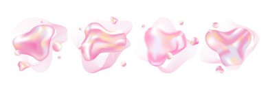 sıvı parlak holografik 3d soyut şekiller dizayn elementleri, metin için çerçeveler, amblemler. Pembe hassas renkleri olan akışkan şekilli baloncuklar. Soyut sıvı sıçrama vektörü çizimi