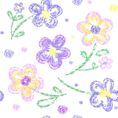 Pastel boyalı kalemle ya da karalama şeklinde balmumu kalemle çizen çocuklar için çiçek deseni. Çiçekli kusursuz desen, tebeşir çizimi. Vektör çizimi. Baskı için tasarım, çocuk dekorasyonu.