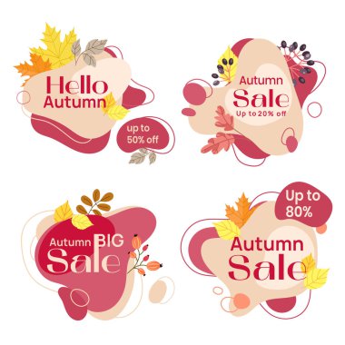 Sonbahar rozet koleksiyonu Vektör illüstrasyonu. Sonbahar satış etiketleri, yazılı pankartlar ve mevsimlik yapraklar. Apartman dizaynı. Alış veriş ve sonbahar satış sezonu etiketleri, yapraklı özel teklif. 
