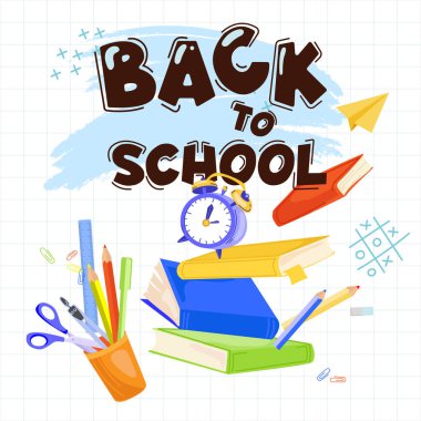 Okul Zamanı konsept vektör illüstrasyonu. Uçan ders kitapları, not defterleri, alarm saati, kalemler ve kalemler, metinli kağıtlar okula kavramsal illüstrasyon afiş şablonu