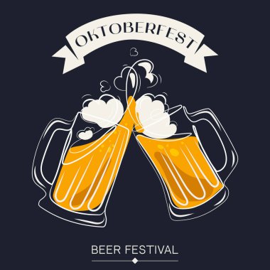 Bira, Oktoberfest konsepti illüstrasyonuna tezahürat yapıyor. İki bira bardağının köpüklü tokuşturması poster afiş şablonu arka planı, Pub, bar, menü vektörü için. Kupa tostları soyut çizgi çizimi. Şerefe.