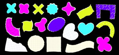 Siyah bir arkaplanda yırtık ve buruşuk kolaj kağıdı koleksiyonu. Modern yırtık kağıt kağıtları, modern sanat kolajı için eski kağıt. Retro Y2k elementleri ve şekilleri, tasarım için kırıntılar. Vektör illüstrasyonu