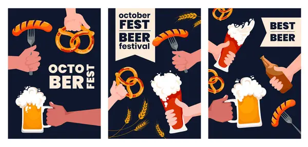 Bira festivali yaratıcı poster kapağı tasarım şablonu seti. Oktoberfest parti broşürleri, bira bardakları, krakerler ve sosisler. Mutlu Ekim Festivali bira festivali şablonları. Vektör 