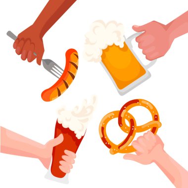 Elleri bira bardağı, bira bardağı ve atıştırmalık. Elinde kraker olan Alman sosisleri, Bira Festivali için tasarım elementleri. Beyaz arka planda Ekim Festivali Clipart Elementleri. Vektör illüstrasyonu
