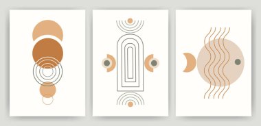 Minimalist çağdaş duvar resimleri, organik renkler. Soyut Memphis geometrik baskıları. Boho estetik baskı koleksiyonu. Çağdaş sanatsal baskı duvar kağıdı, duvar dekoru, kapak. Vektör 