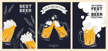Bira festivali şablonu tasarımı, köpüklü bira kulakları ve sıra tarzı vektör seti. Bavyera Festivali. Ekim Festivali konsepti. Sosyal medya, davetiye, kapak, afiş, afiş, afiş için mükemmel.