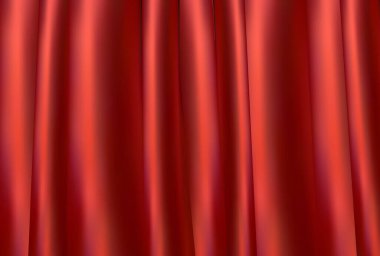 Kırmızı gerçekçi perde yatay 3 boyutlu arka plan. Büyük açılış. Tiyatro kumaşı desenli, fiyonklu, olay veya gösteri için. Zarif ipek kumaş desenli arka plan. Kırmızı perde vektör lüks arkaplan