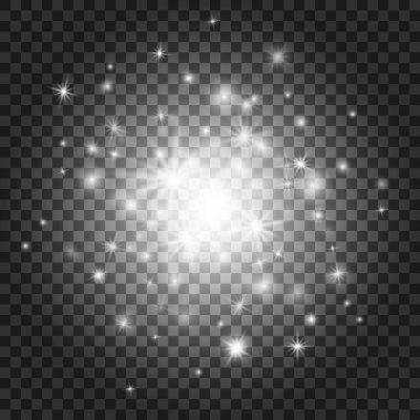 Parlak yıldızlar ve parlayan parçacıklar ile ışık patlaması. Şeffaf arkaplanda vektör beyaz ışık patlaması. Parlak patlama etkisi. Parıltılı saydam sihirli ışık. Vektör illüstrasyonuName