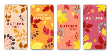 Renkli dökülen yapraklarla sonbahar kartı şablonu. Yatay afişler ve sonbahar yaratıcı tasarımı ile birlikte sosyal medya broşürleri. Metinleriniz için boşluk. Vektör ilüstrasyonu