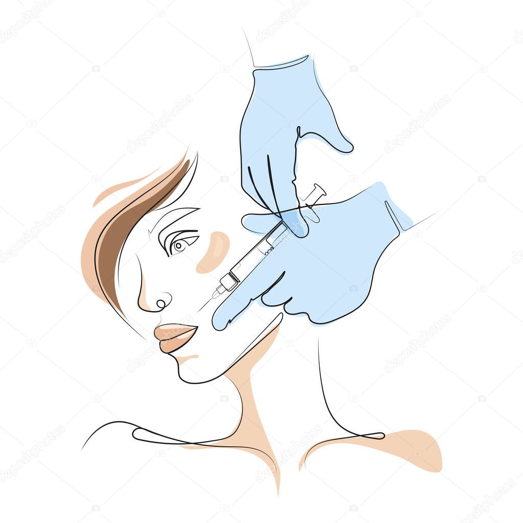 Beauty injections concept One line drawing, logo emblem. Beautician or doctor hands in gloves with syringe doing beauty injection in woman face or lips.Plastic surgery and modern cosmetology vector