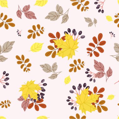 Farklı yapraklar ve böğürtlenlerle donatılmış sonbahar desenleri. Basit stil ve mevsimsel renklerle çizilmiş. Baskı, tekstil, ambalaj kağıdı, duvar kağıdı ve ağ için sonbahar desenli arkaplan dokusu. Vektör 